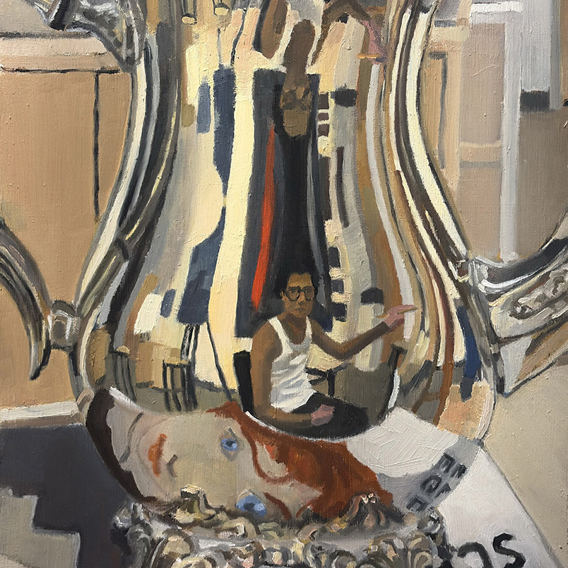 Painting of silver vase with distorted image of artist reflected