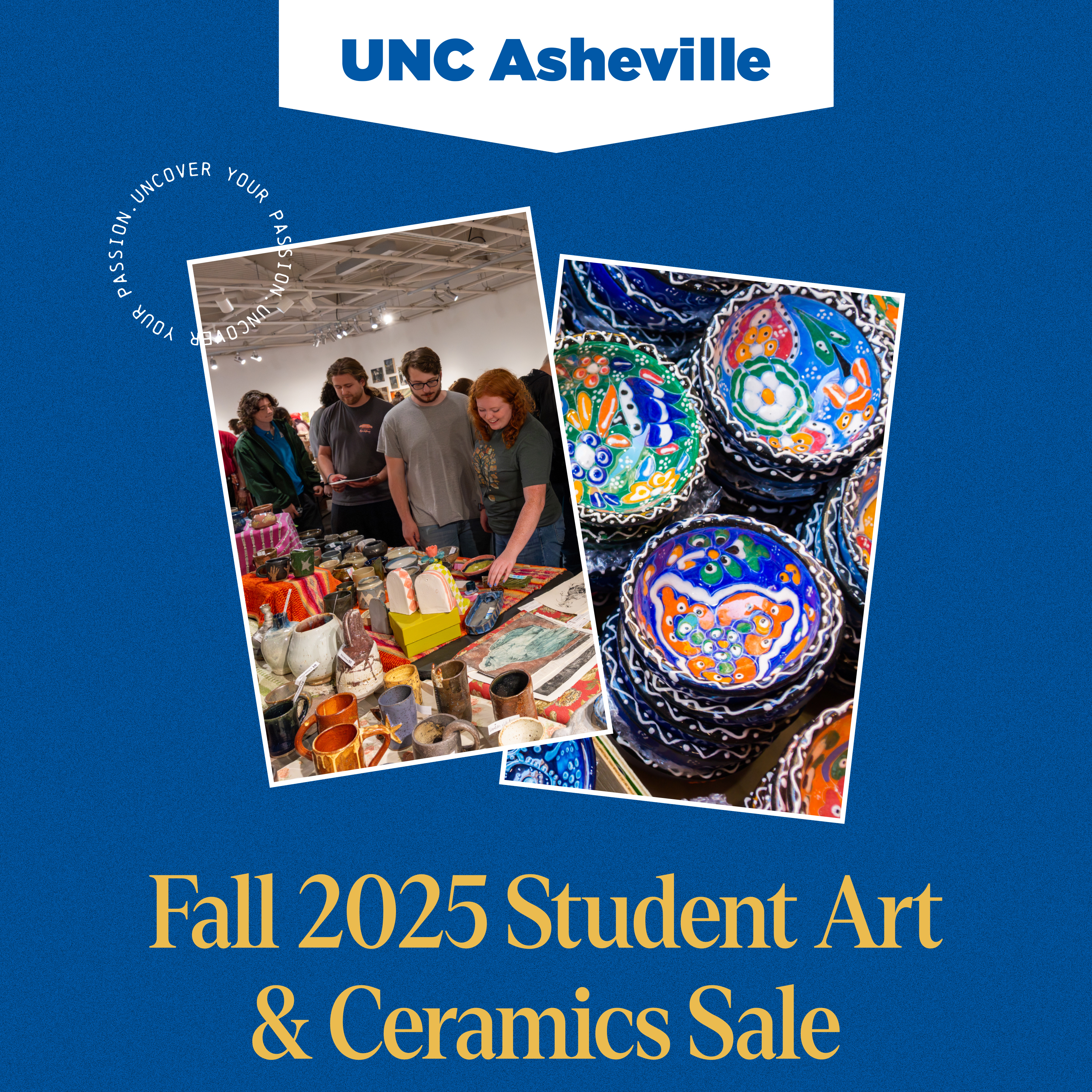 two images of people at sale and ceramic work