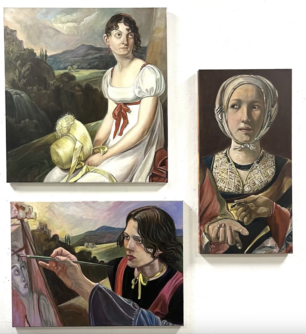 three paintings of people