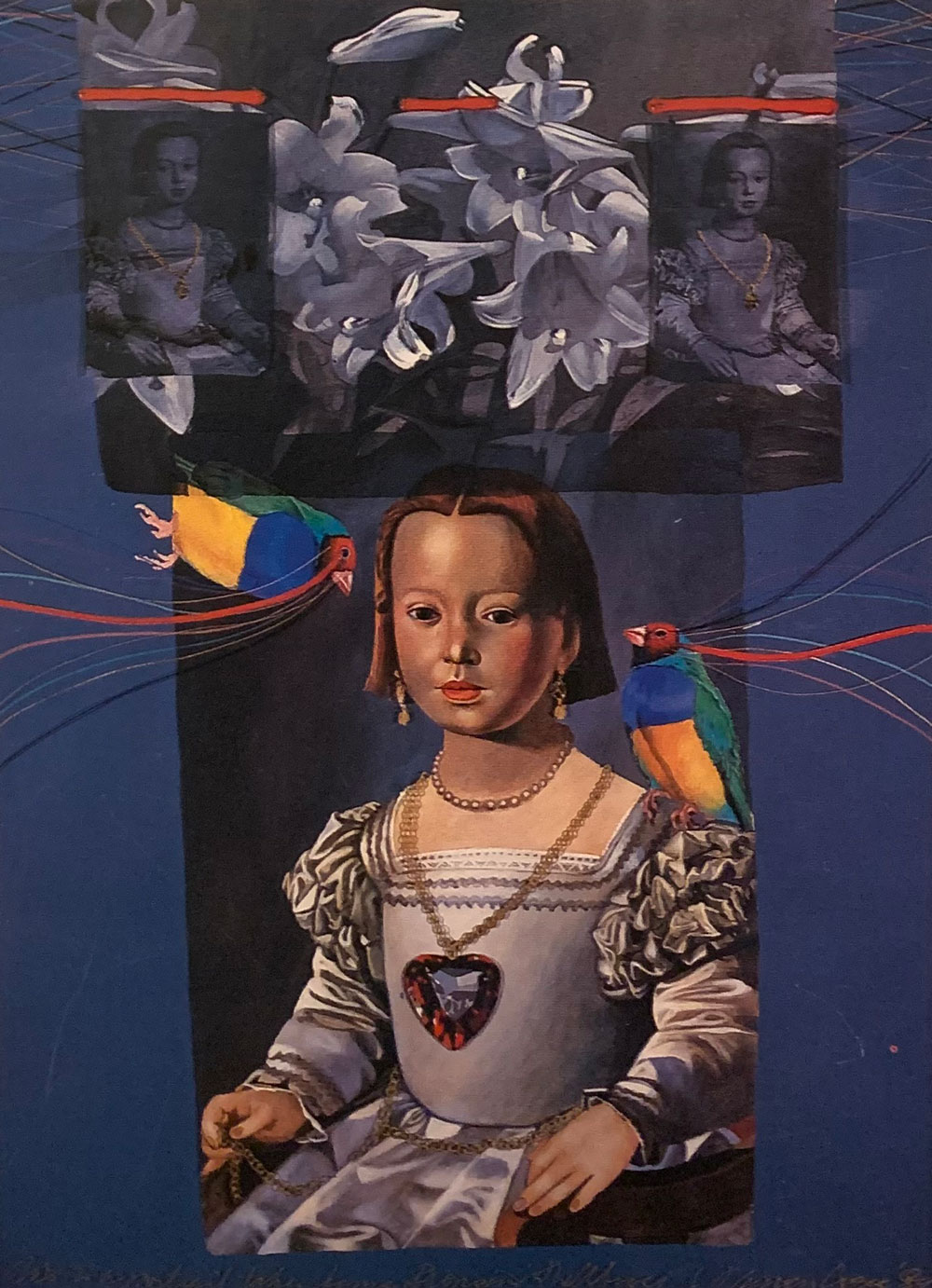 painting of girl with birds and flowers