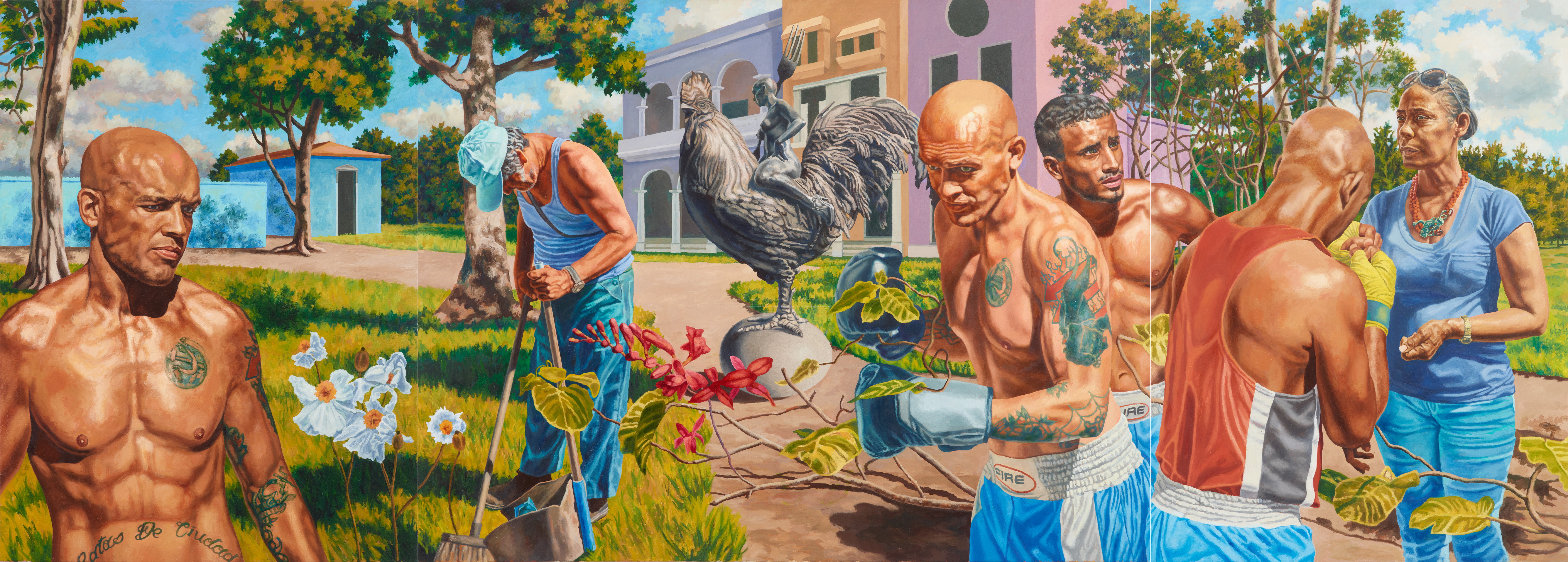 Cuban boxers and people gardening with rooster sculpture