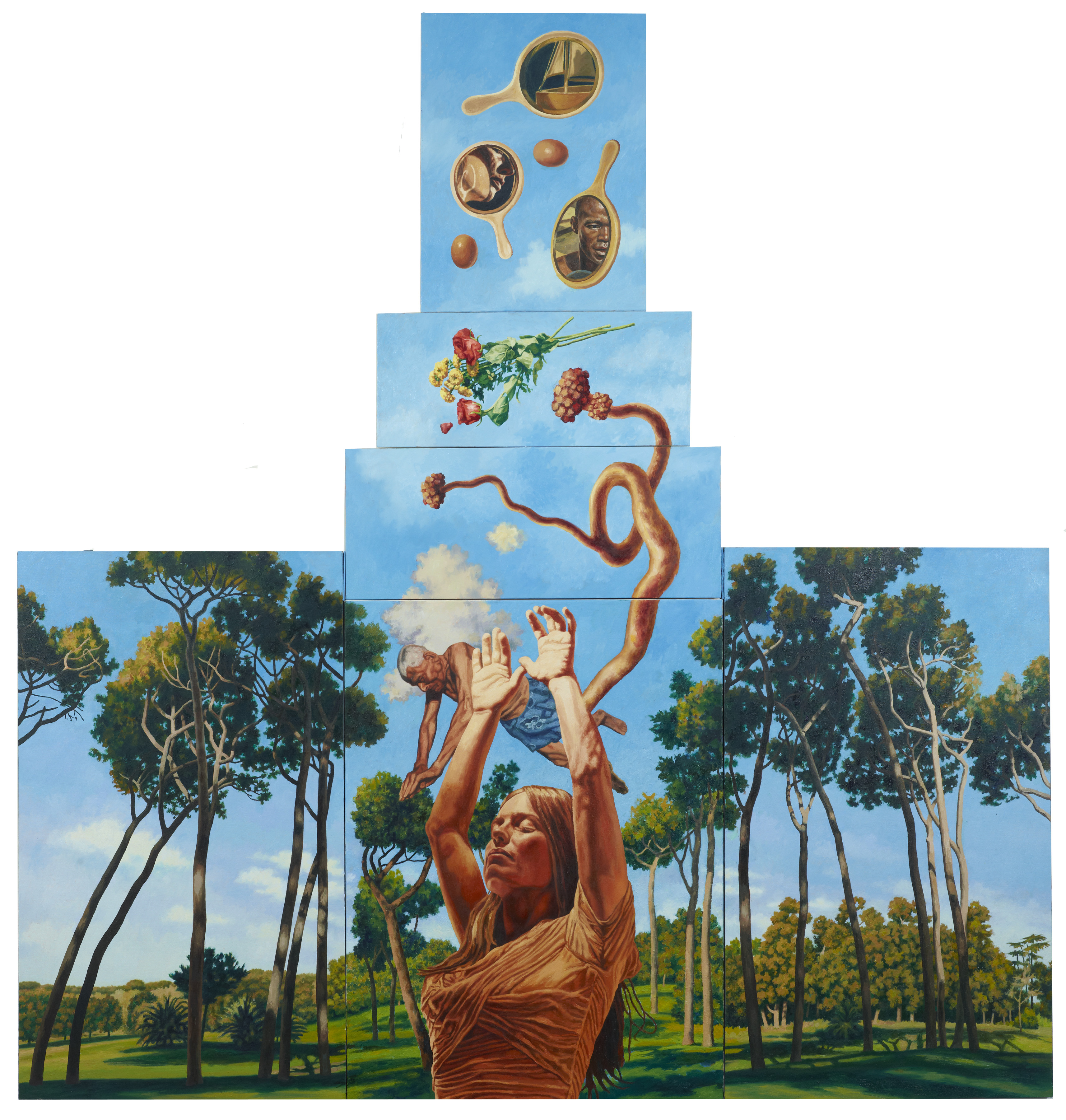 woman in field of trees reaching toward sky with objects falling from above