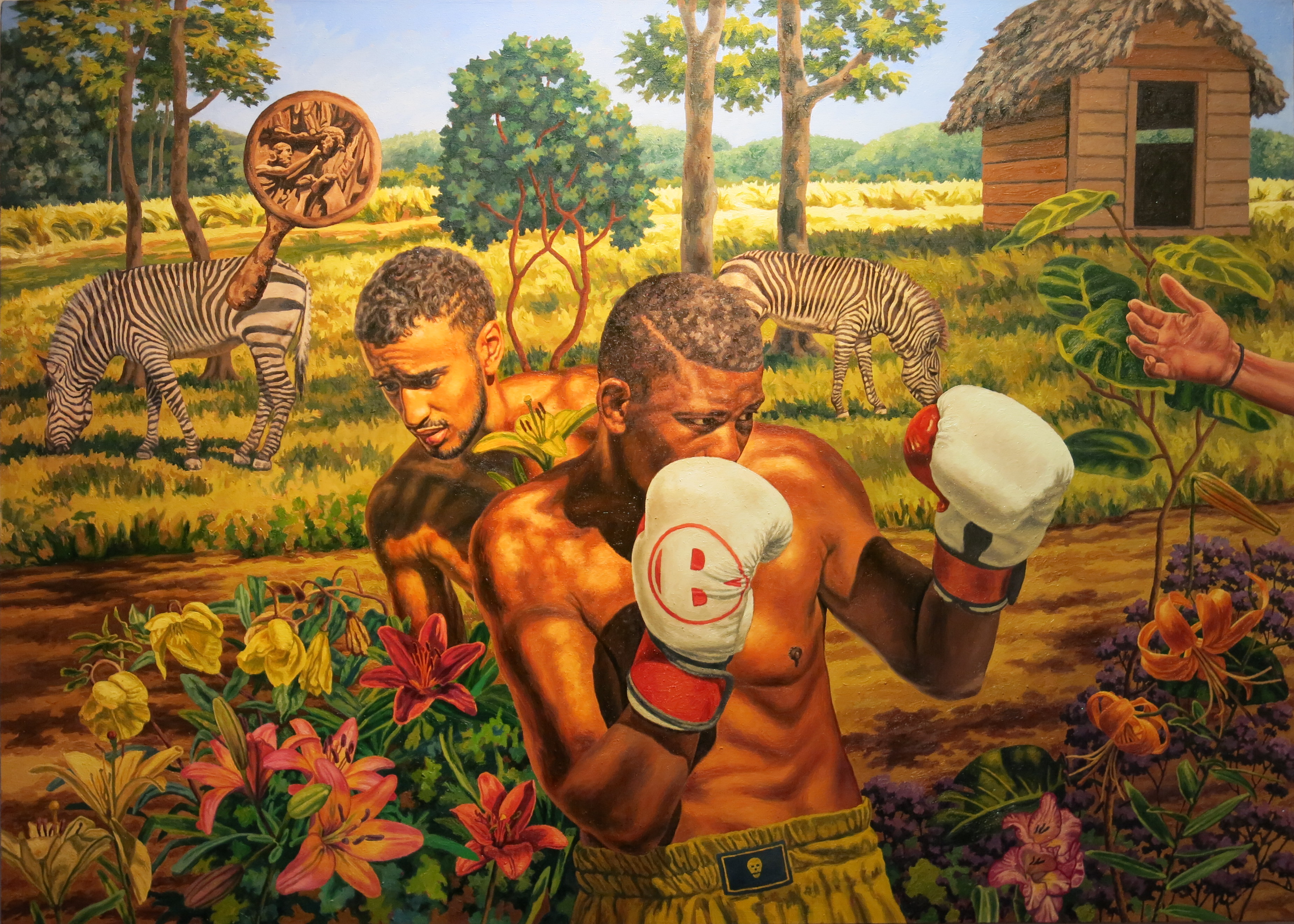 boxing figures in landscape of flowers, zebras and shed