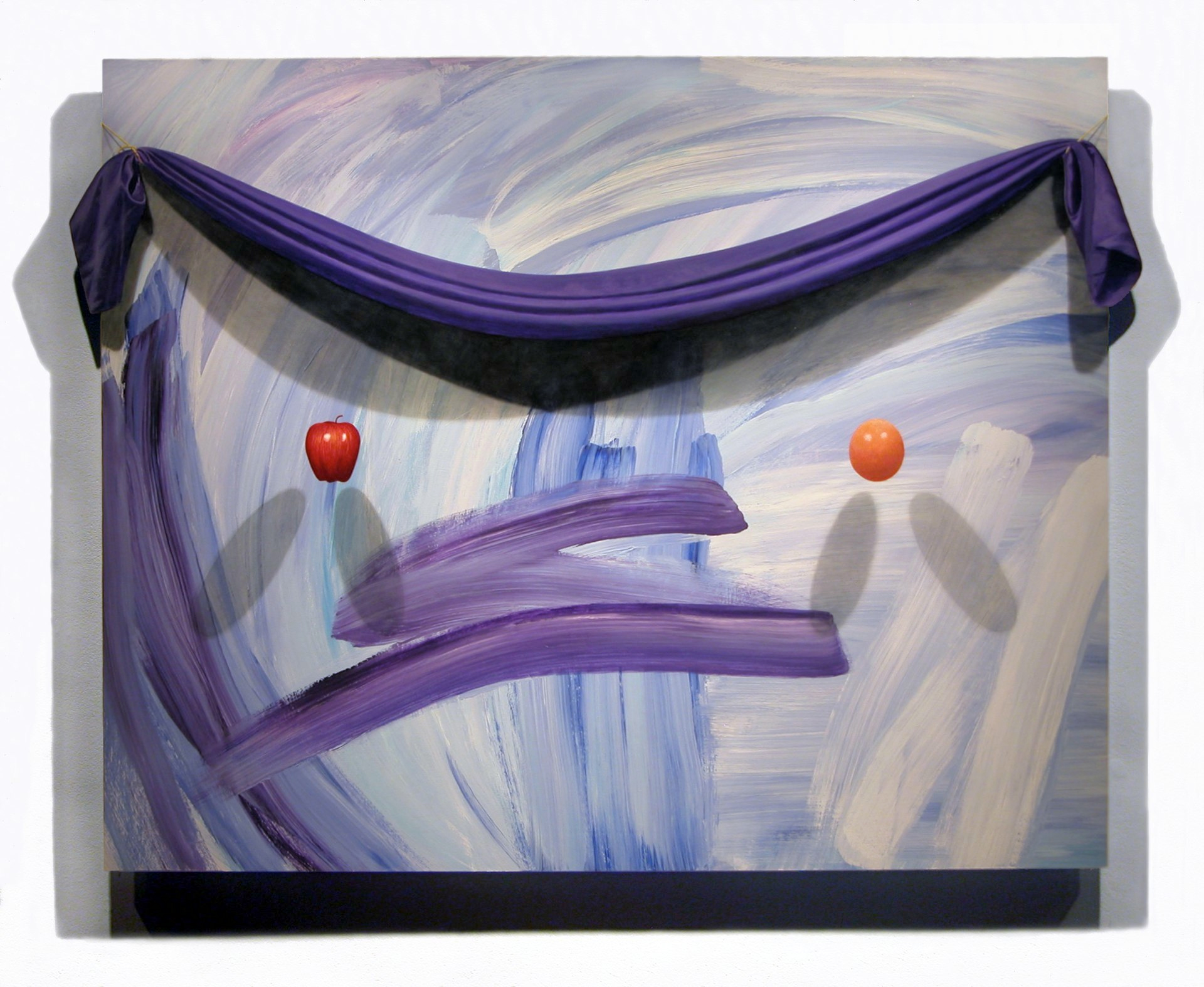 painting of abstract face with draped purple fabric, floating apple and orange