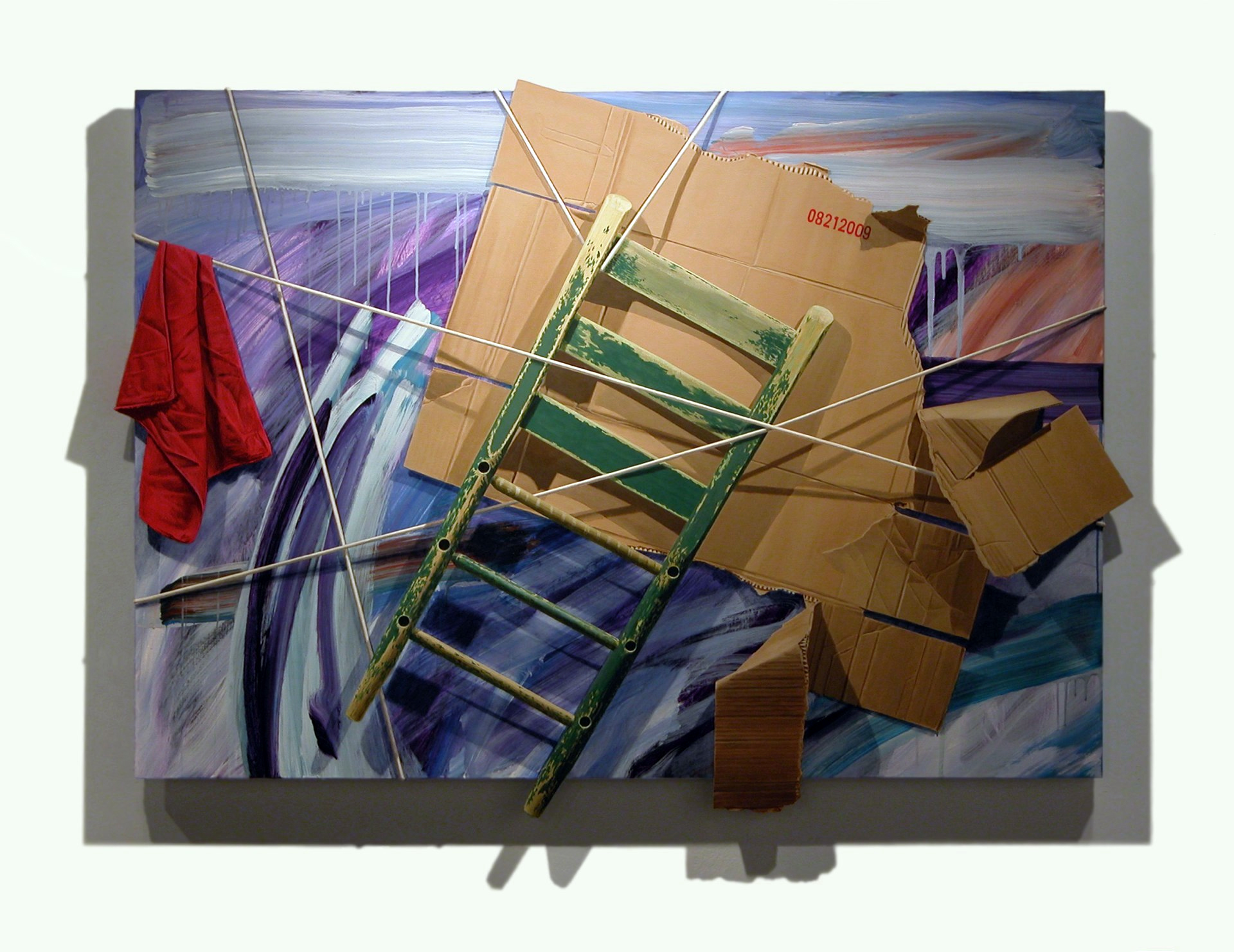 painting of back of chair strung against cardboard and red fabric