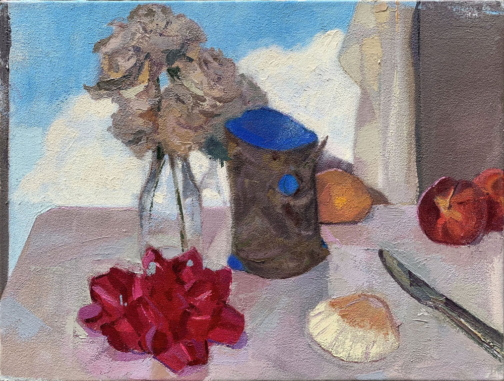 studio window, red bow and peach