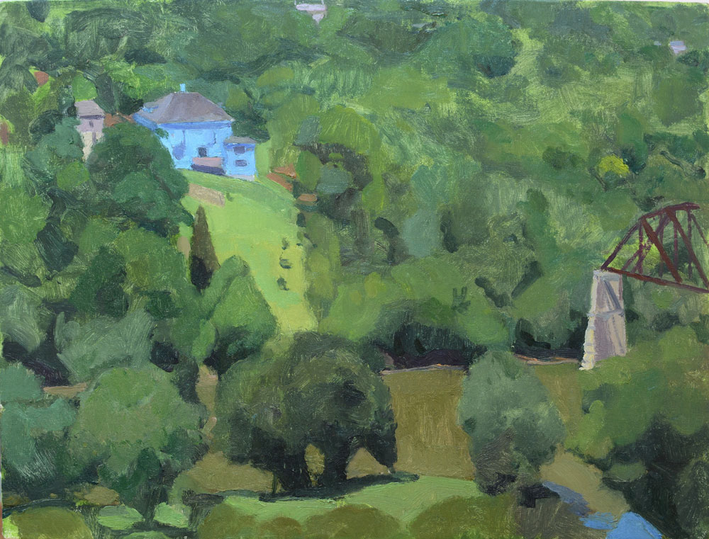 green landscape with blue house and bridge