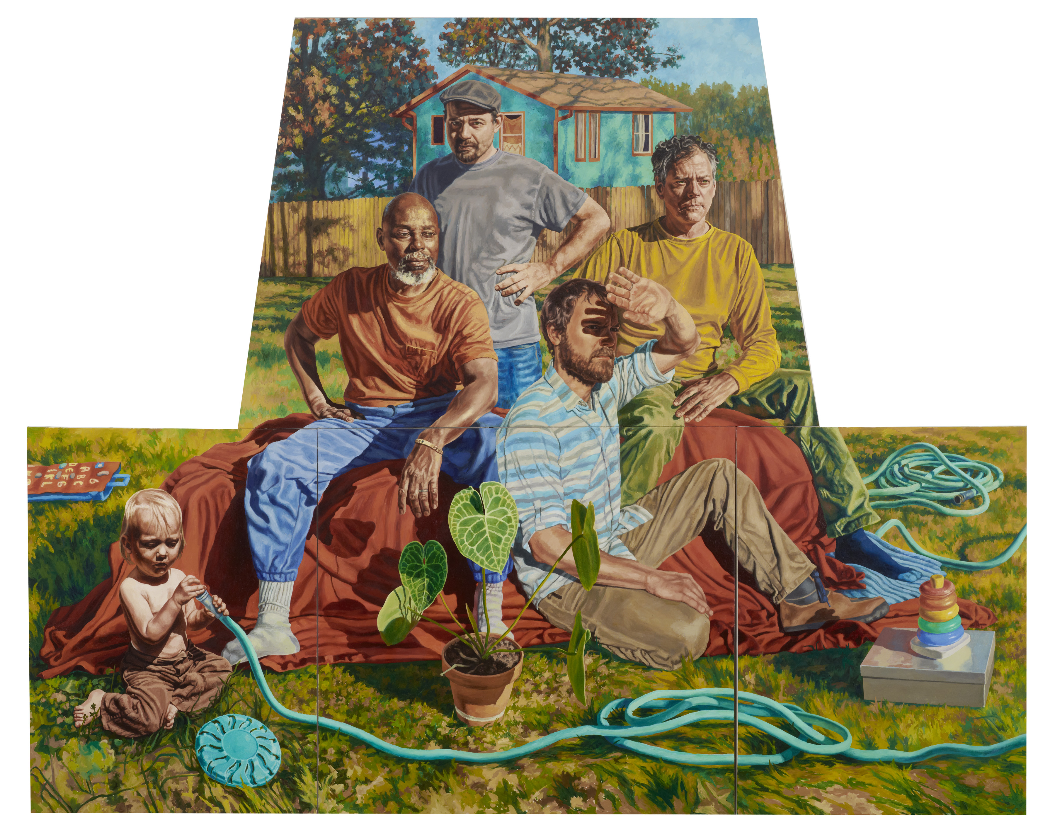 men sit and stand together with child playing with garden hose