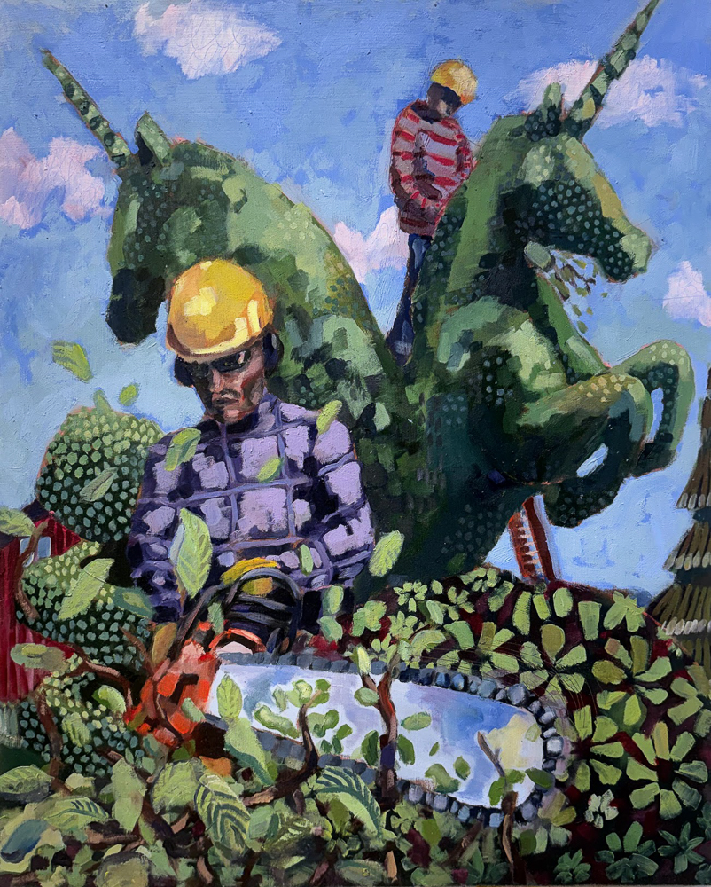 Painting of men chainsawing unicorn topiaries