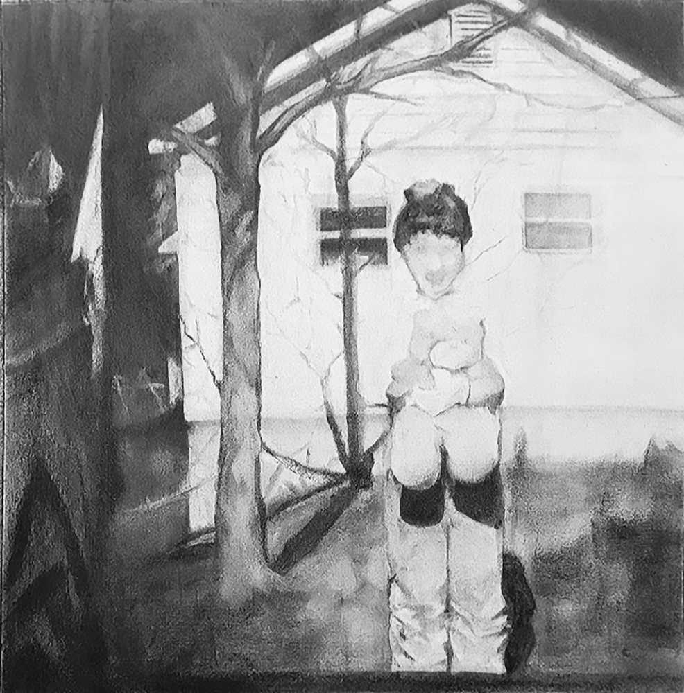 Figure with plush standing in front of house