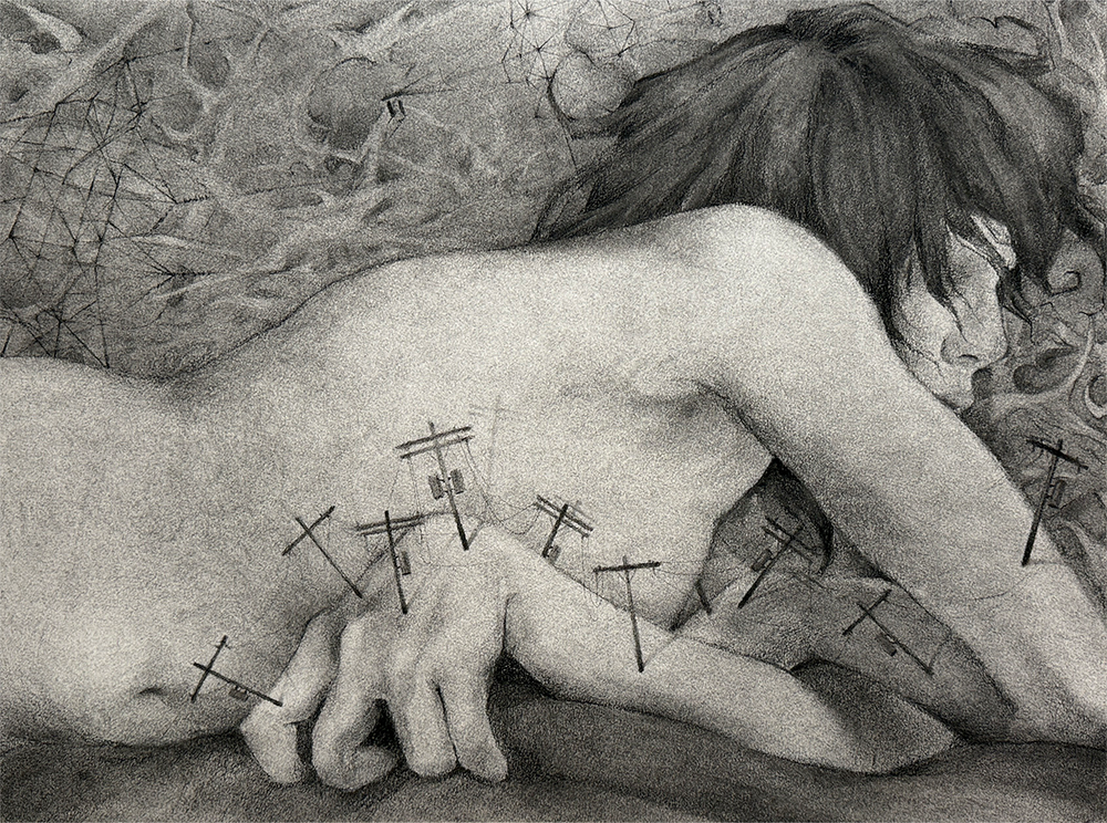 Drawing of figure with powerlines along arm