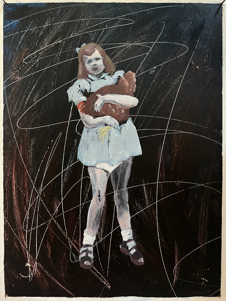 Painting of a girl in a white dress holding a chicken