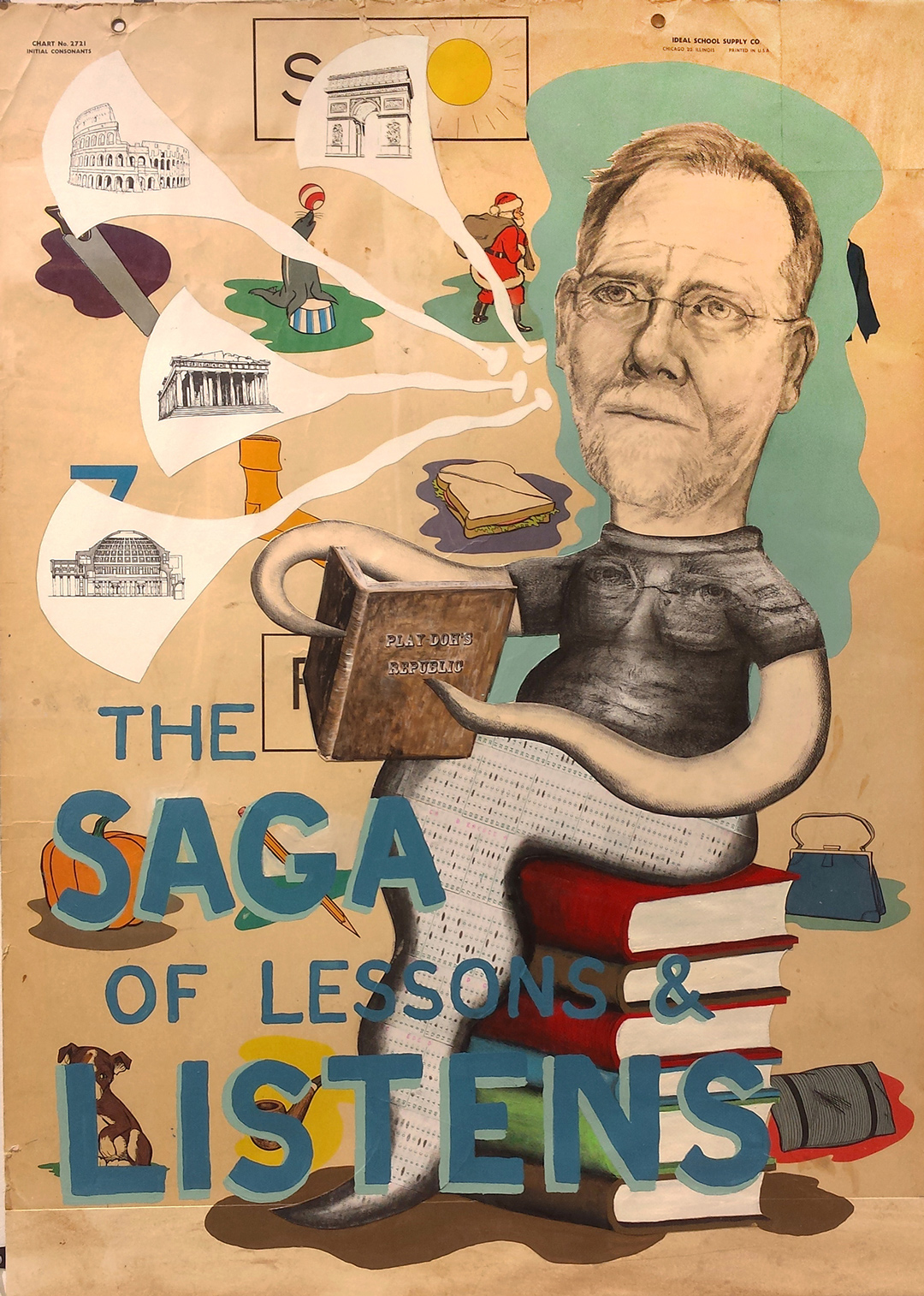 jerry smith 
Anna, TX

The Saga of Lessons & Listens
2017
pencil, charcoal, test scantrons, and acrylic on vintage chart
37 x 29 in.