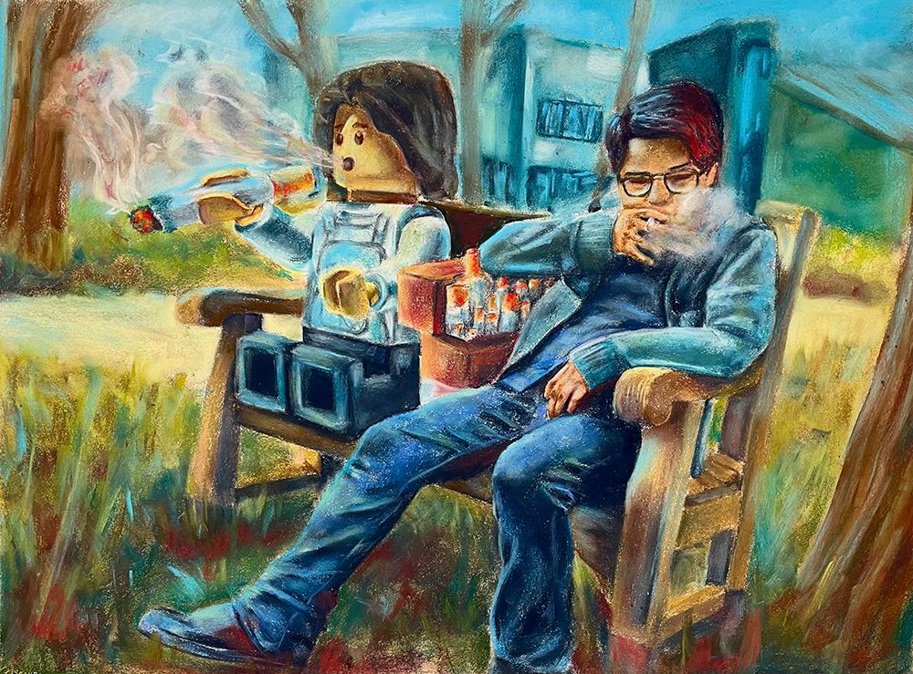 A drawing of a lego man and a real man smoking cigarettes on a park bench