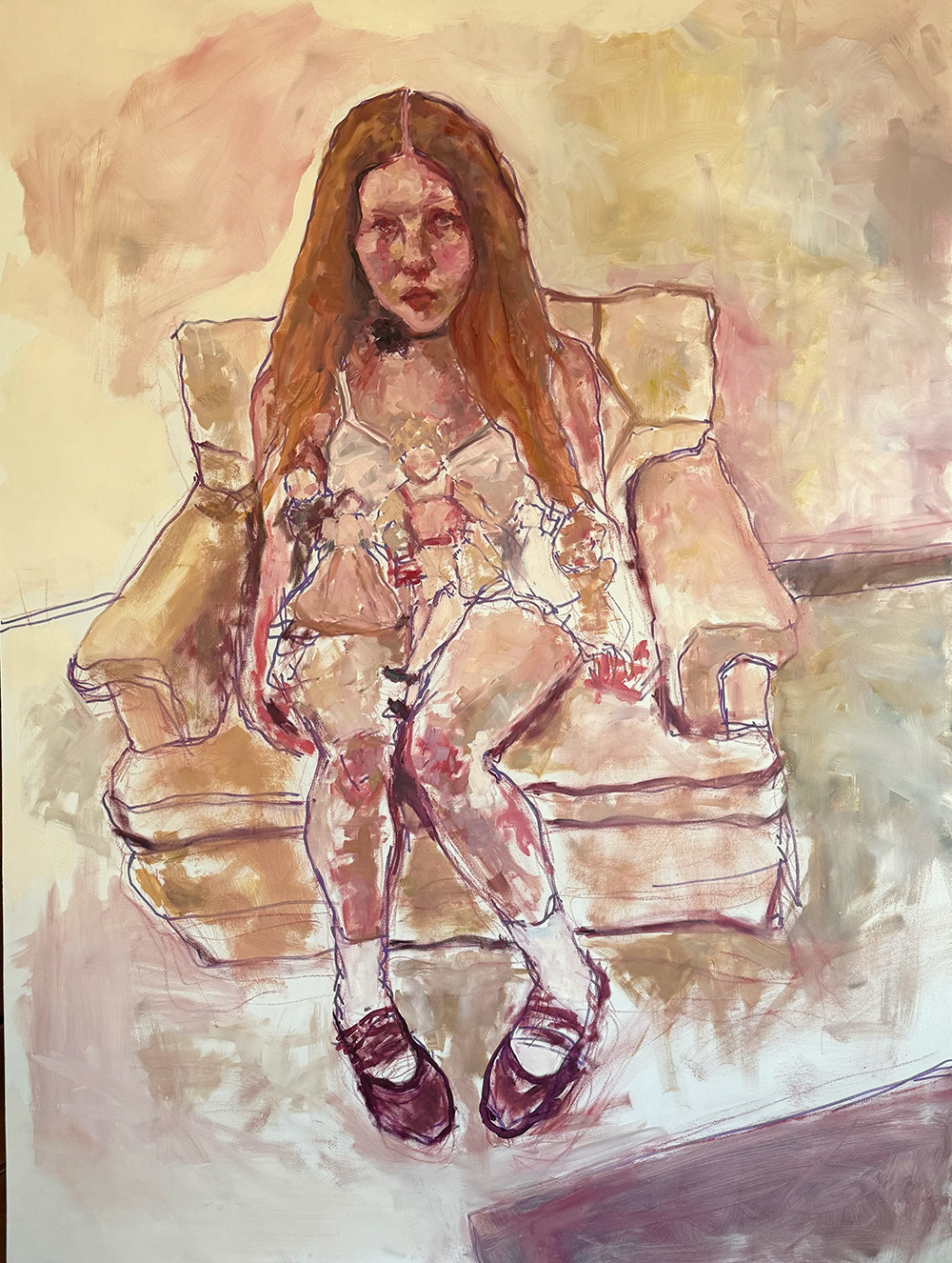 A painting of a girl with brown hair in a light colored dress with a bow and red shoes sitting in a sofa chair