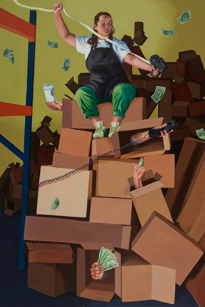 Painting of figure on stack of cardboard boxes with receipts and money