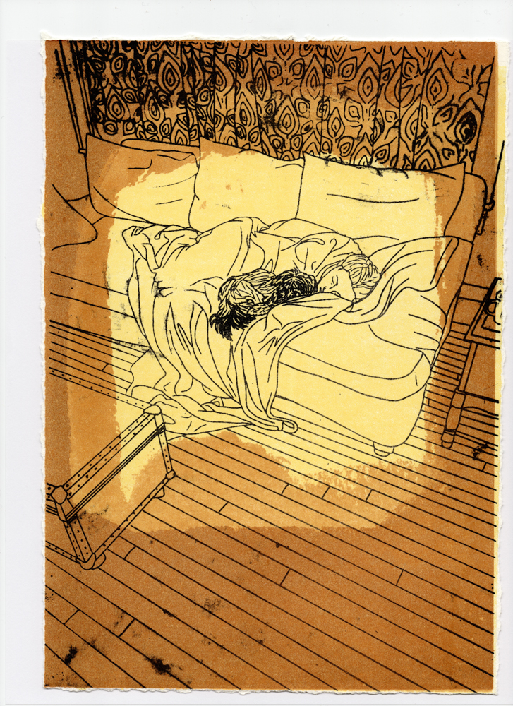Photolithography in yellow of person on couch cuddling pet