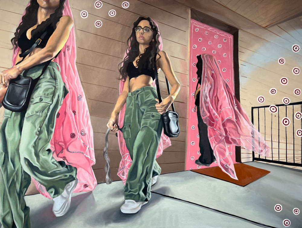 Painting of Indian girl walking with 3 incarnations of figure