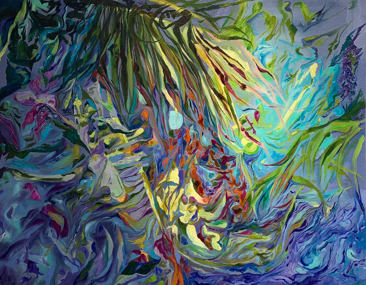 Painting of palm tree with sunlight in oil