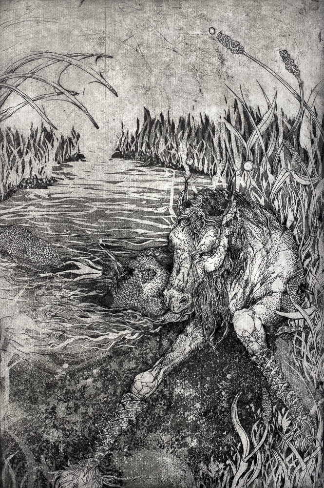 Etching of imagined creature