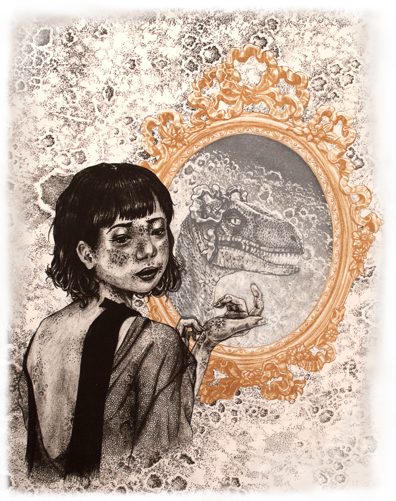 Lithography of girl with eczema looking in mirror and reflection of lizard in mirror