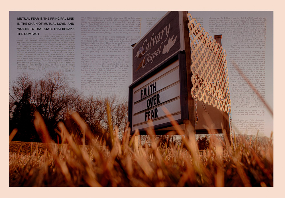 Church sign with collaged excerpts from Thomas Payne's pamphlet