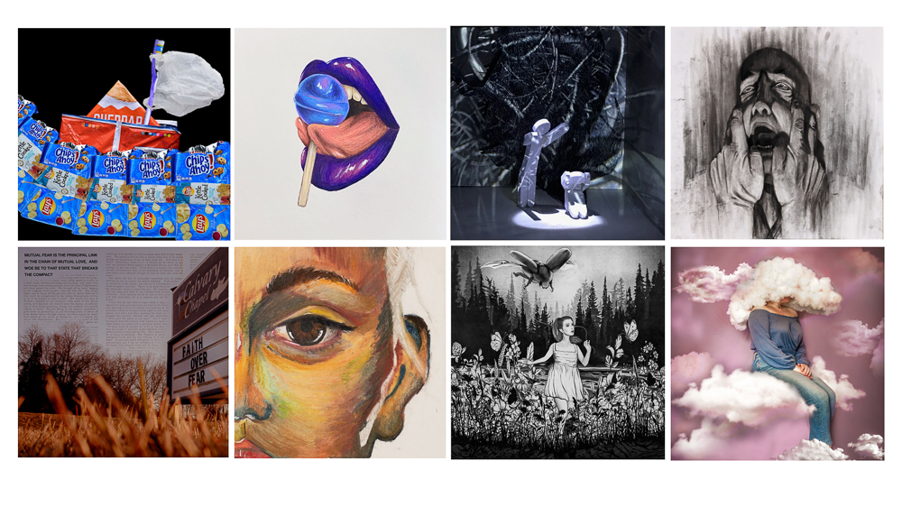 Collage of 8 student artworks