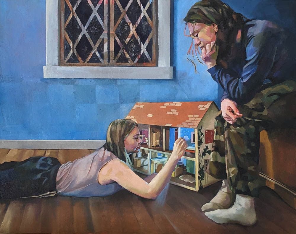 Painting of two young women playing with dollhouse