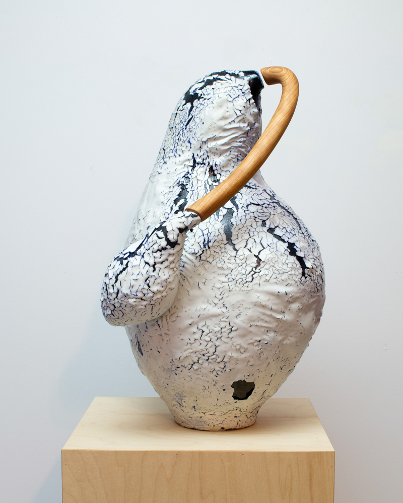 Ceramic sculpture with white and blue glaze