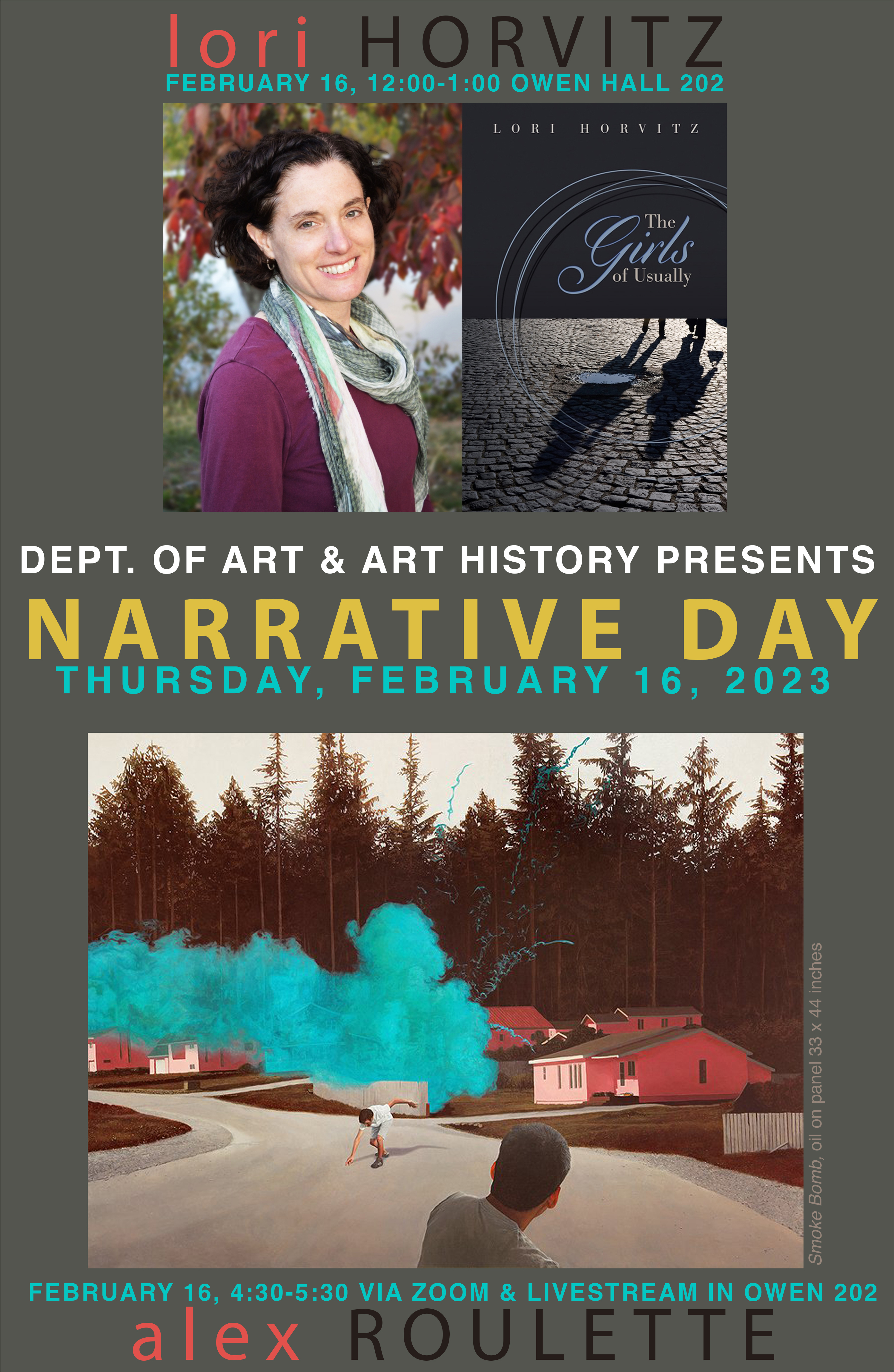 Narrative Day poster with images of Lori Horvitz and a painting by Alex Roulette