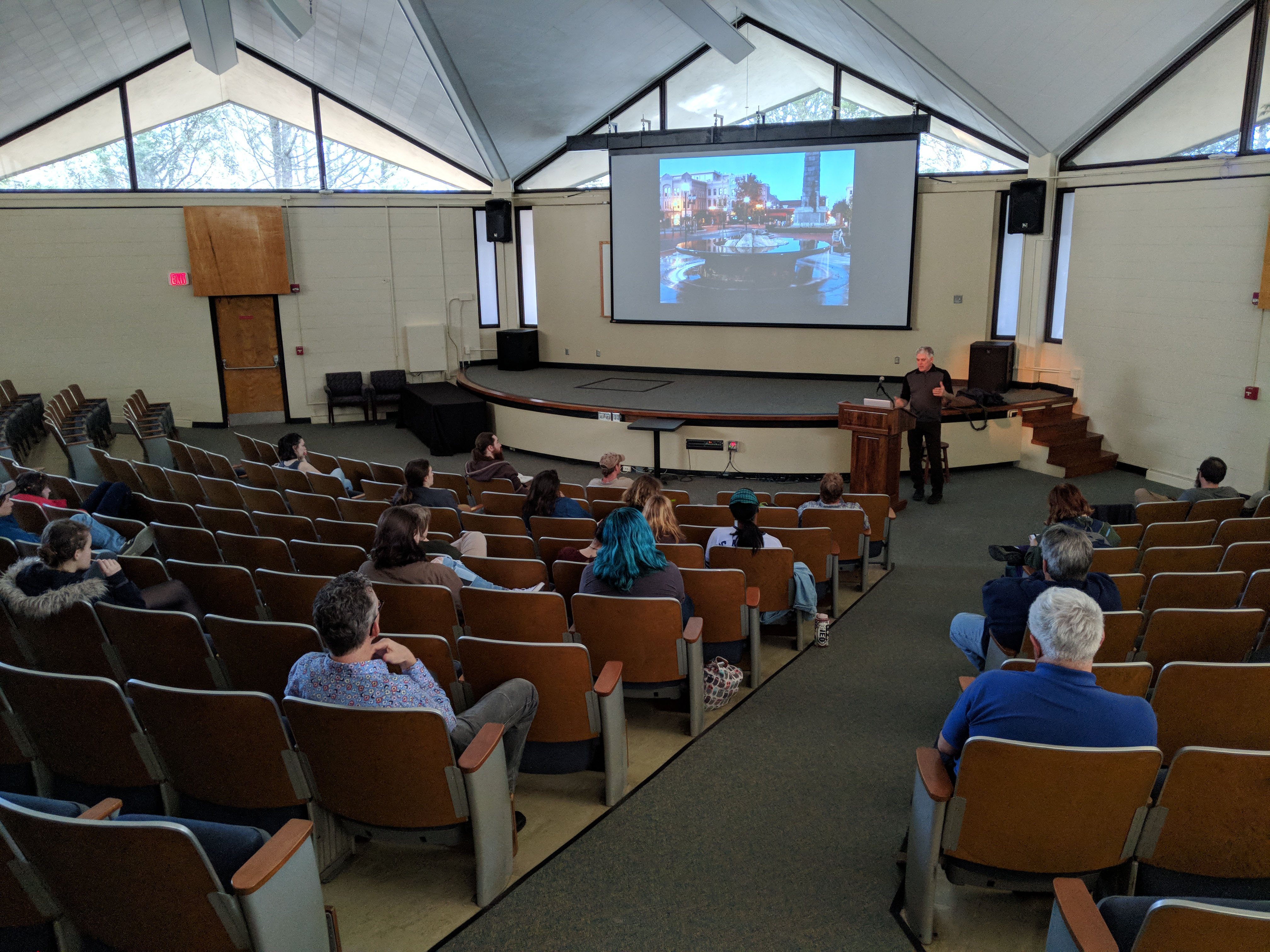 Overview image of Hoss Haley lecturing in Humanities Lecture Hall