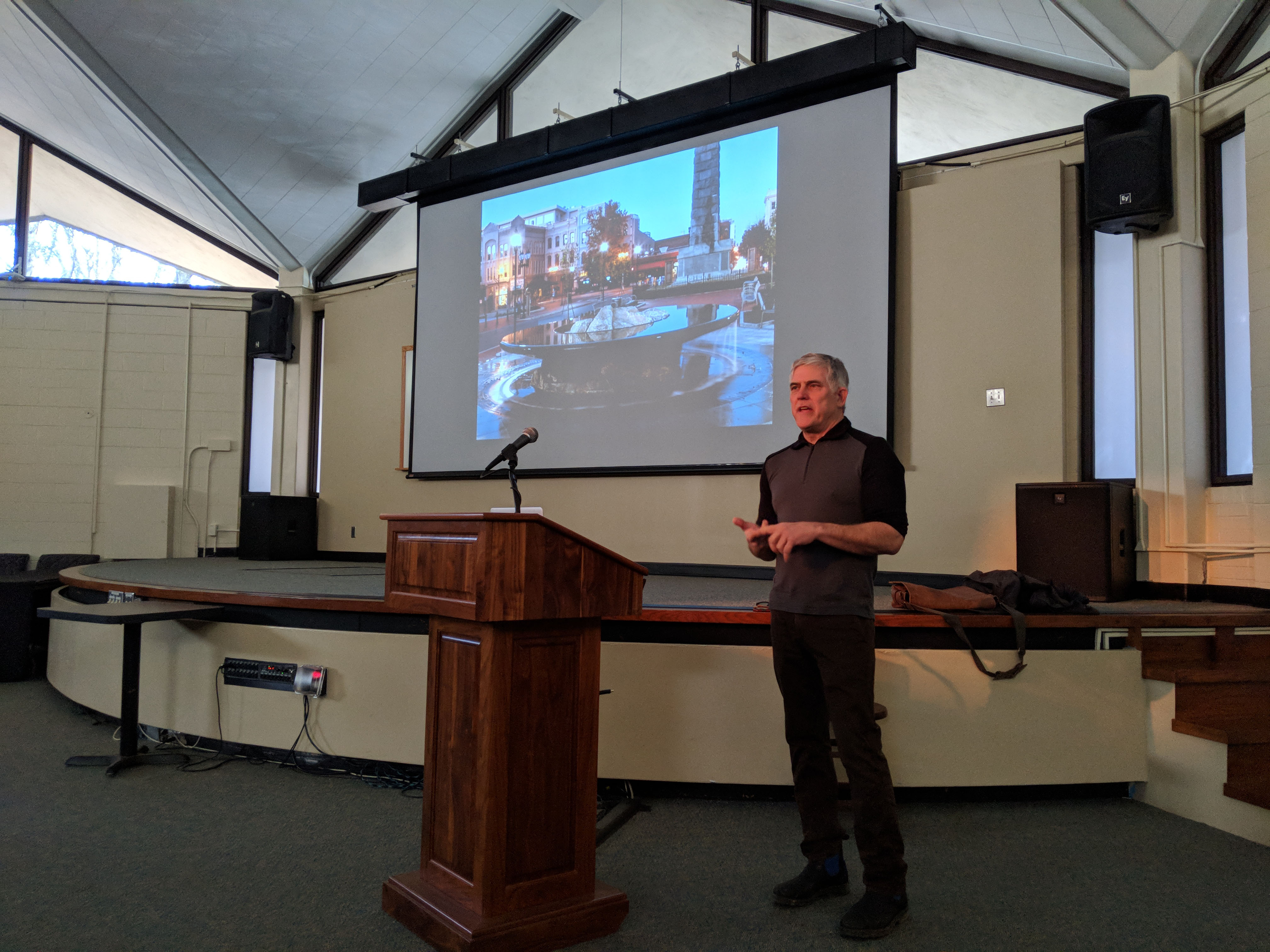 Close up image of Hoss Haley lecturing in Humanities Lecture Hall