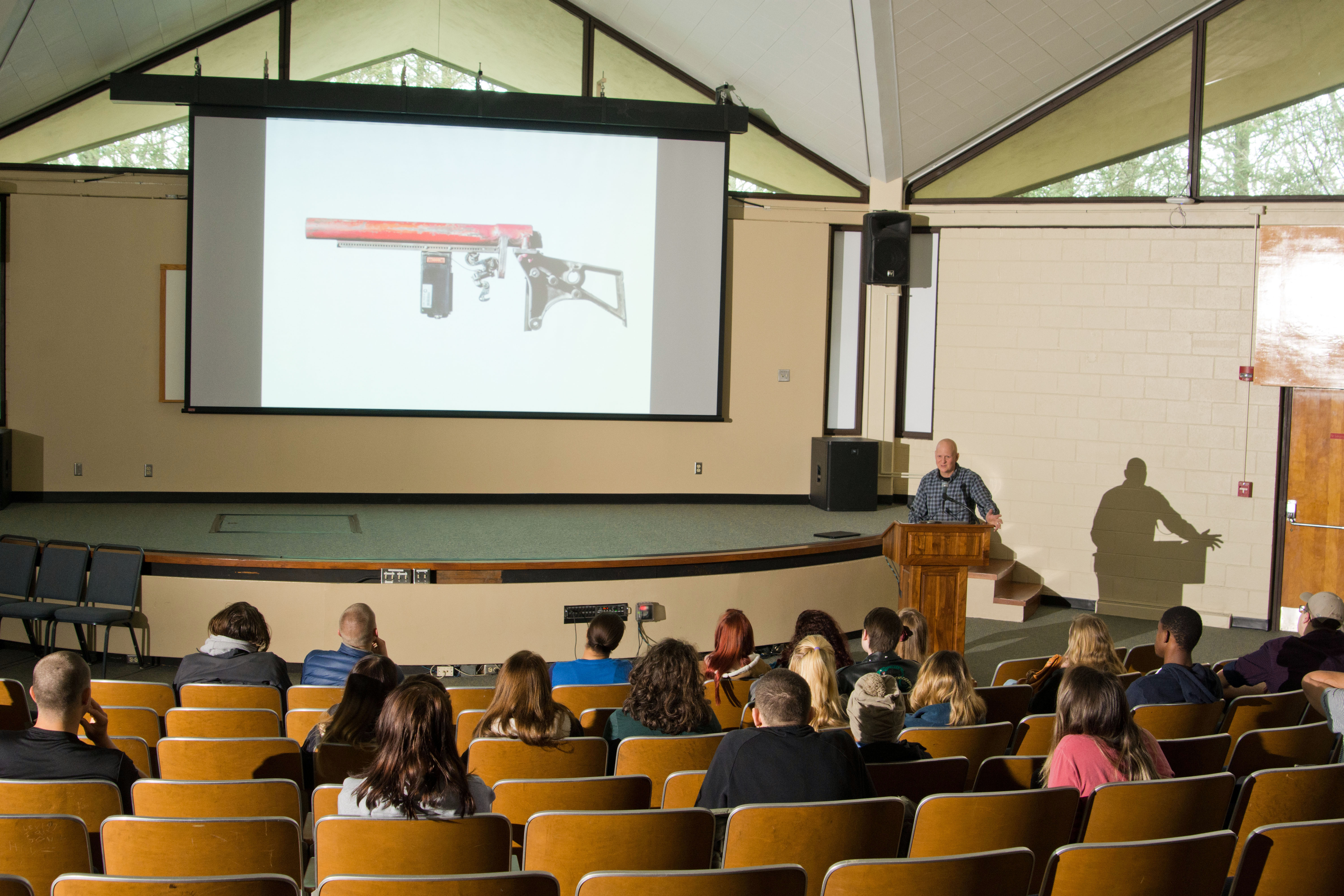 David Hess lectures in the Humanities Lecture Hall