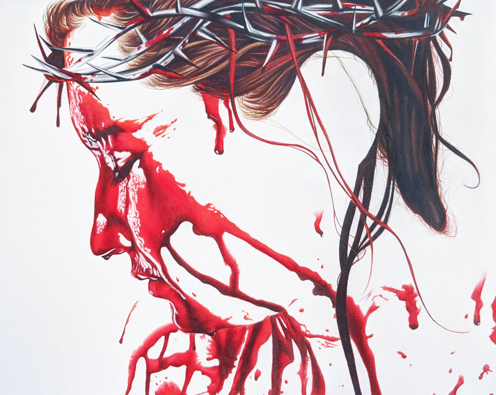 figure with crown of thorns and blood on face